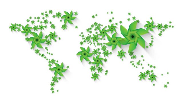 world map animation composed of green pinwheel renewable resources concept