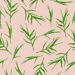Seamless pattern with green grass on pastel beige background. Hand drawn vector illustration.