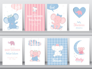 Set of baby shower invitations cards,birthday card,elephants, poster, greeting, template, animals, Vector illustrations 