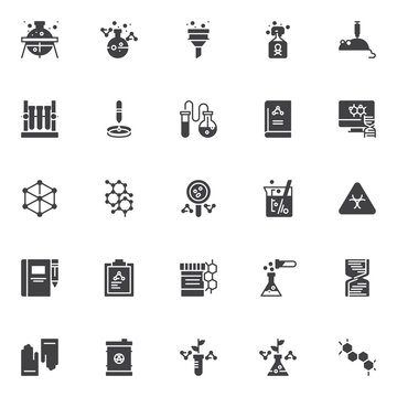Chemistry vector icons set, modern solid symbol collection, filled style pictogram pack. Signs, logo illustration. Set includes icons as laboratory flask, funnel filter laboratory mouse with injection