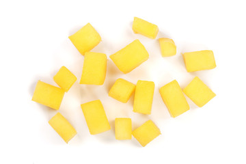 cube of Mango fruit isolated on white background close-up. Top view. Flat lay