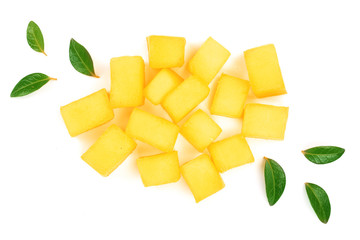 cube of Mango fruit decorated with leaves isolated on white background close-up. Top view. Flat lay