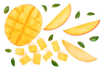 half of Mango fruit decorated with leaves isolated on white background close-up. Top view. Flat lay