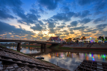 The color of the lights on the bridge in Phitsanulok, Thailand.