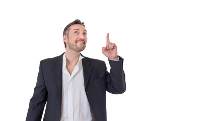 business man looking at camera and pointing finger up. image isolated over white background. people, male, business and portrait concept.