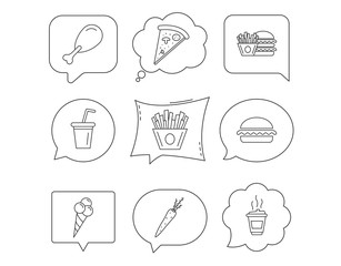 Vegetarian burger, pizza and soft drink icons.