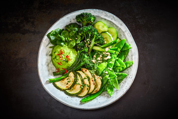 Green vegetable Buddha bowl with avocado dip