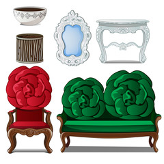 Set of classic furniture and interior decoration. Home decorative elements in antique style. Image in cartoon style. Vector illustration isolated on white background