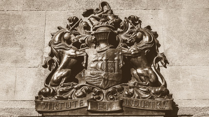 Bristol Coat of Arms in Sepia, English Crest of Bristol, Vintage Wall Ironwork, sepia tone horizontal photography