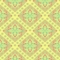 Seamless background with geometric shaped elements. Bright yellow background with pink and green design