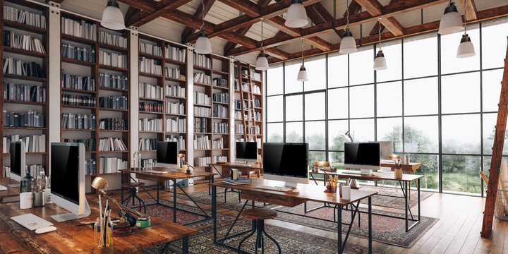 3d render of beautiful industrial style interior office