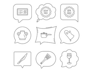 Saucepan, potholder and wineglass icons.