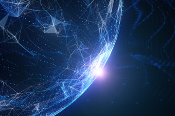 Futuristic blue colored abstract network globe with flare of light, view from space. Copy space illustration background