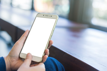 female use cell phones blurred images in coffee shop like the background.