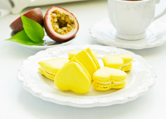 French pastry makaron.   Heart shape. Valentine's Day. Selective focus