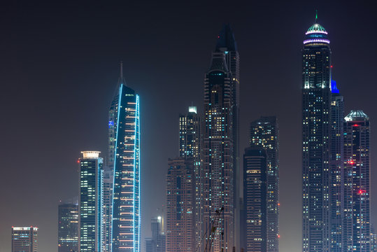 Skyline of of Dubai Marina at night, UAE
