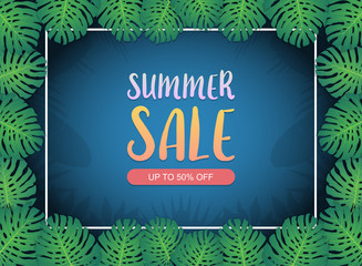 Summer sale background banner on frame border with the green exotic palm leaves and tropical plants, summer sale concept. Vector illustration