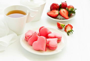 French pastry makaron.   Heart shape. Valentine's Day. Selective focus