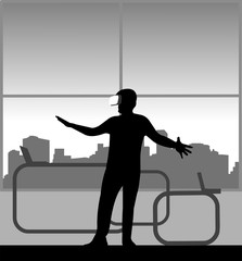 Silhouette of businessman in a review of VR glasses in office, one in the series of similar images