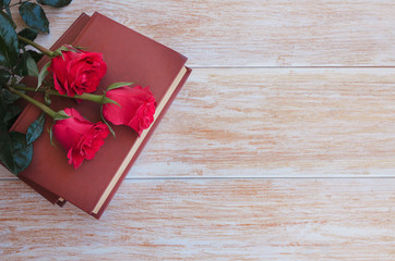 Old books and red rose, traditional gift for Sant Jordi, the Saint Georges Day. Catalunya's version of Valentine's day.