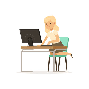 Girl sitting at computer, pupil of elementary school at informatics lesson at school vector Illustration on a white background