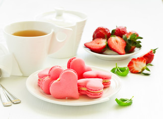 French pastry makaron.   Heart shape. Valentine's Day. Selective focus