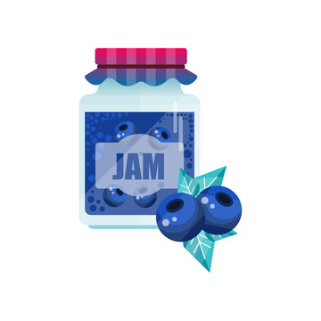 Blueberry jam, glass jar of berry confiture vector Illustration on a white background