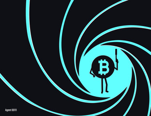 Crypto currency Bitcoin in the circle of rifled barrel vector illustration. Secret agent, detective, spy Bit Coiny character with a gun flat style illustration