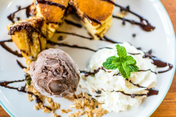 Pancake with chocolate ice-cream.