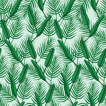 Summer tropical palm leafs pattern vector seamless. Jungle green texture background. Design for wallpaper, fashion apparel, swimwear fabric, vacation beach party cards or web backdrop.
