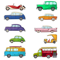Collection with retro car in cartoon style. Color vintage retro auto. Classic car drawn set - 197163771