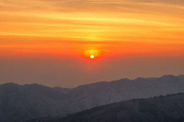 Morning mountain range View on Nature Trail in Pho lom lo National Park Loei province, Thailand.