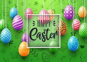 Colorful easter eggs and frame square decorated cute doodle on green background