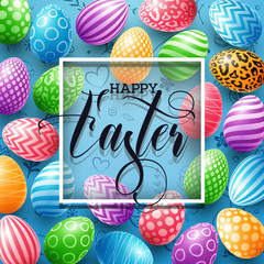 Happy Easter greeting card with colored eggs, and frame on cute doodle background