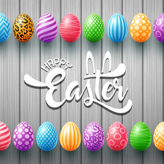 Collection of colorful eggs easter on a wood background