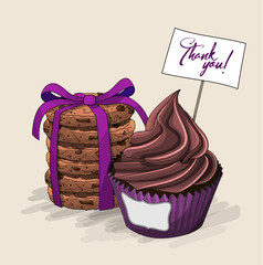 Cupcake with chocolate cream and stack of brown cookies with violet ribbon, illustration