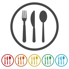 Restaurant Sign, Spoon, Fork and Knife icon, 6 Colors Included