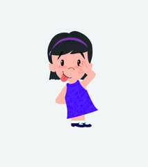 White girl sticks out his tongue in gesture of funny shyness.