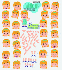 White girl. Twenty eight expressions and basics body elements, template for design work and animation. Vector illustration to Isolated and funny cartoon character.