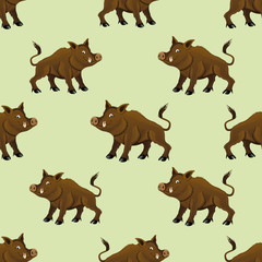 Seamless pattern with wild boars on a green background.