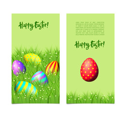 Banners set. Happy Easter background. Vector eggs on green grass