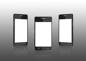 Smart phone (mobile phone) with empty screen on gray gradient background. Mock up template