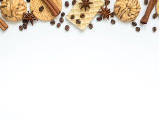 Assorted cookie wafer cinnamon coffee Frame on white.