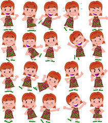 Fototapeta premium Cartoon character girl. Set with different postures, attitudes and poses, always in positive attitude, doing different activities in vector vector illustrations.
