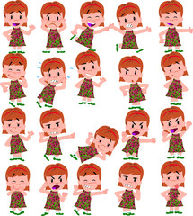 Cartoon character white girl. Set with different postures, attitudes and poses, doing different activities in isolated vector illustrations.