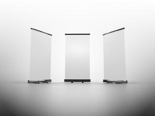 Outdoor Advertising Stand Banner (empty roll-up poster) - mockup template isolated on white background. 3D rendering