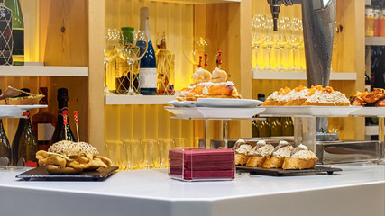 Typical bar counter in pinchos bar that traditional in northern Spain in the Basque country