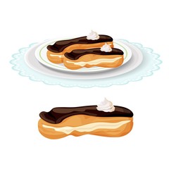 Creamy soft delicious eclair covered with chocolate on plate