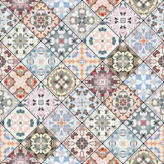 Orange, green and blue abstract patterns in the mosaic set. Square scraps in oriental style. Vector illustration. Ideal for printing on fabric or paper. - 197167153