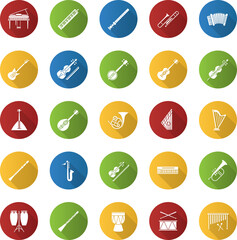 Fototapeta premium Musical instruments flat design long shadow glyph icons set